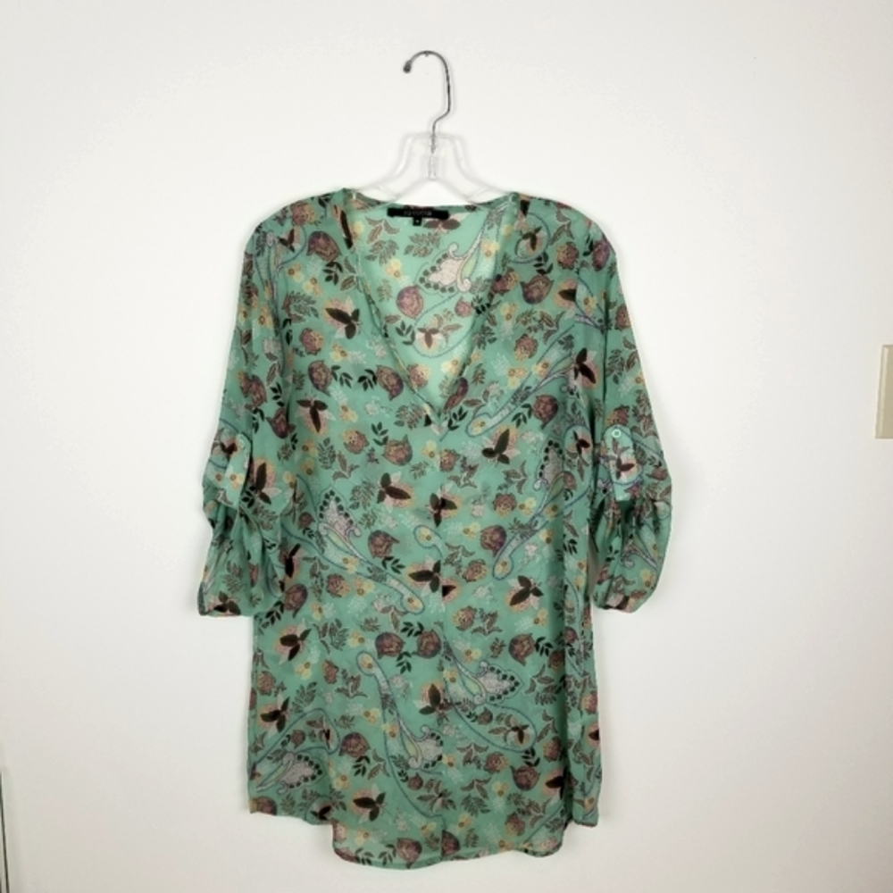 19 Cooper green sheer tunic floral v-neck 3/4 tab sleeves fairy girl coquette M - Picture 2 of 8